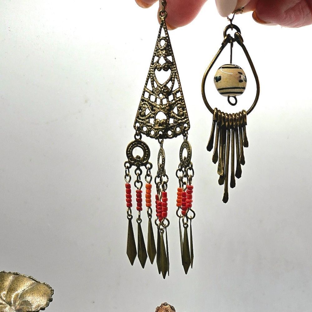 "5/$25" Vintage Brasstone Mismatched Boho Long Beaded Dangle Earrings